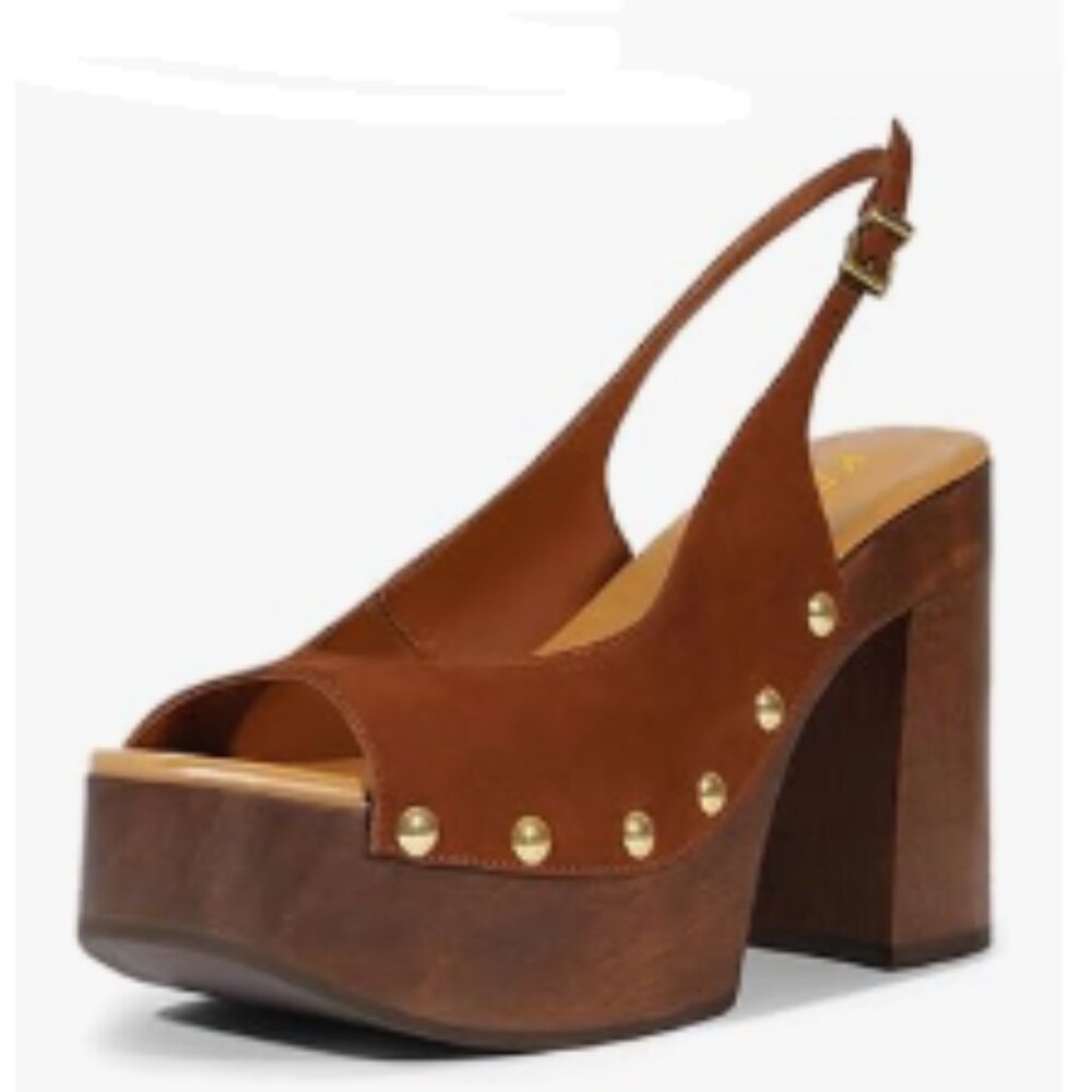 YDN Brown Rivet Studded Platform Block High Heeled Sandals Slingback Buckle Shoe